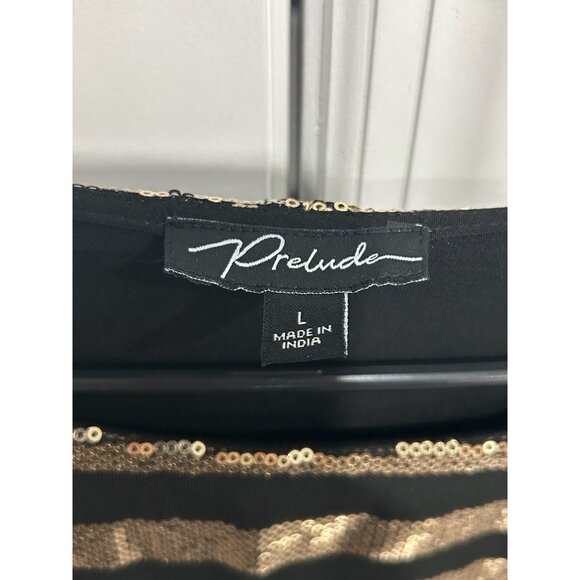 Prelude Striped Mesh Sequin Top Black Gold Sz Large Sparkle Party Night Out - Picture 5 of 10